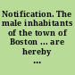 Notification. The male inhabitants of the town of Boston ... are hereby notified to meet at Faneuil Hall on Wednesday the 3d day of May next ... agreeable to the resolves of the convention passed the 2d of March last, to consider the form of government which has been agreed upon by said convention ... By order of the selectmen. William Cooper, town clerk. N.B. It is desired that all business may suspended [sic], that there may be a full attendance ... Boston, April 24, 1780.